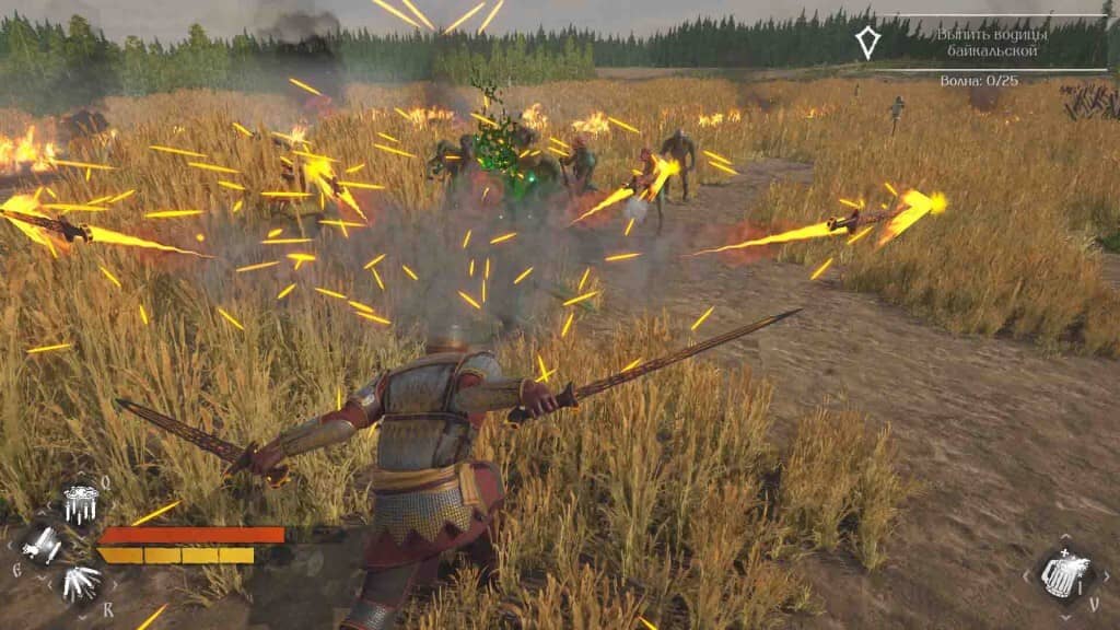 Nhân vật mặc giáp chiến đấu với quái vật và sử dụng phép thuật trong cánh đồng lúa của LIZARDS MUST DIE 2