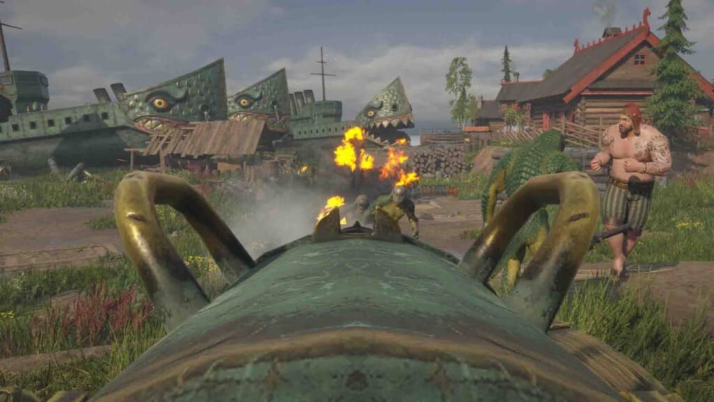 Góc nhìn thứ nhất bắn đại bác vào kẻ địch gần bến tàu cá mập trong LIZARDS MUST DIE 2