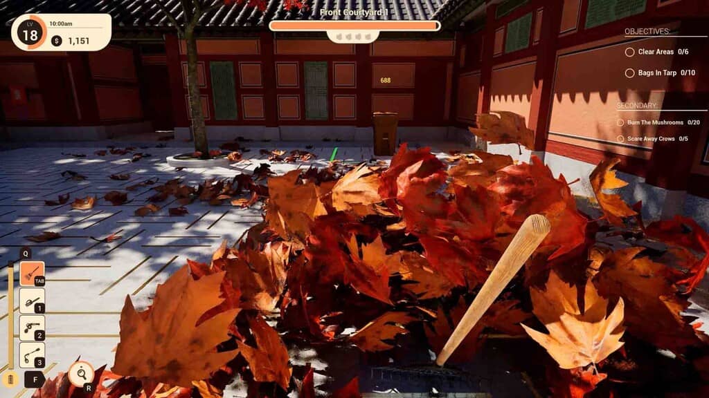 Leaf Blower Co gameplay dọn đống lá khô ở sân trước (Front Courtyard)