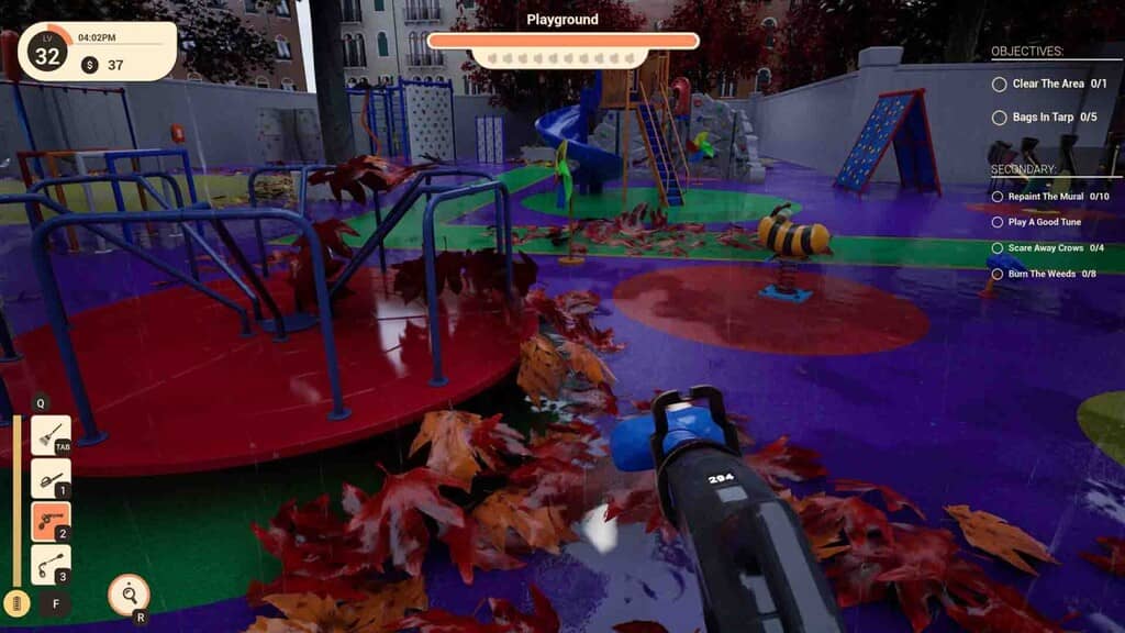 Leaf Blower Co gameplay dọn dẹp sân chơi ngập lá ướt