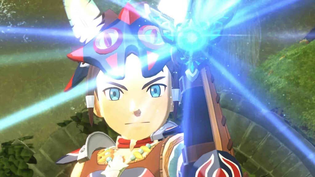 Nhân vật chính Monster Hunter Stories 2 Ratha Rider giơ vũ khí phát sáng