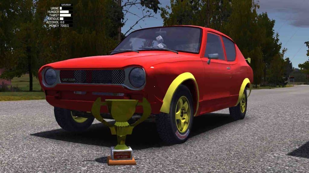 Chiếc xe Satsuma màu đỏ độ và cúp vô địch hạng nhất trong My Summer Car
