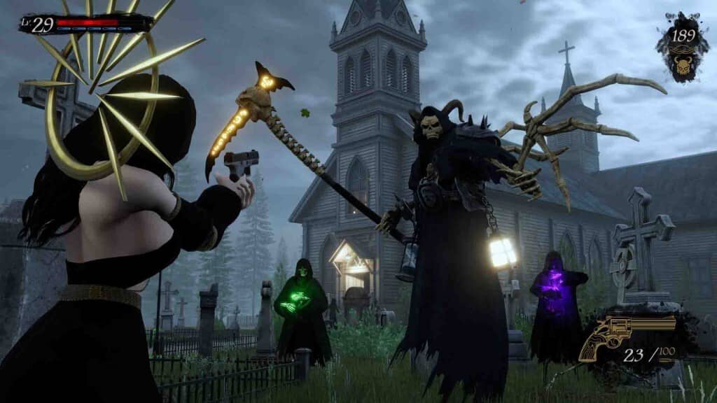 Cảnh chiến đấu boss Tử Thần trong game She Will Punish Them Nhân vật nữ chiến đấu với boss Tử Thần (Grim Reaper) trước nhà thờ