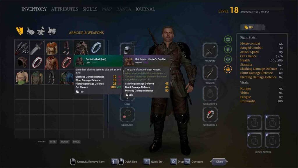 Of Ash and Steel Inventory So sánh trang bị Màn hình Inventory Of Ash and Steel so sánh áo giáp