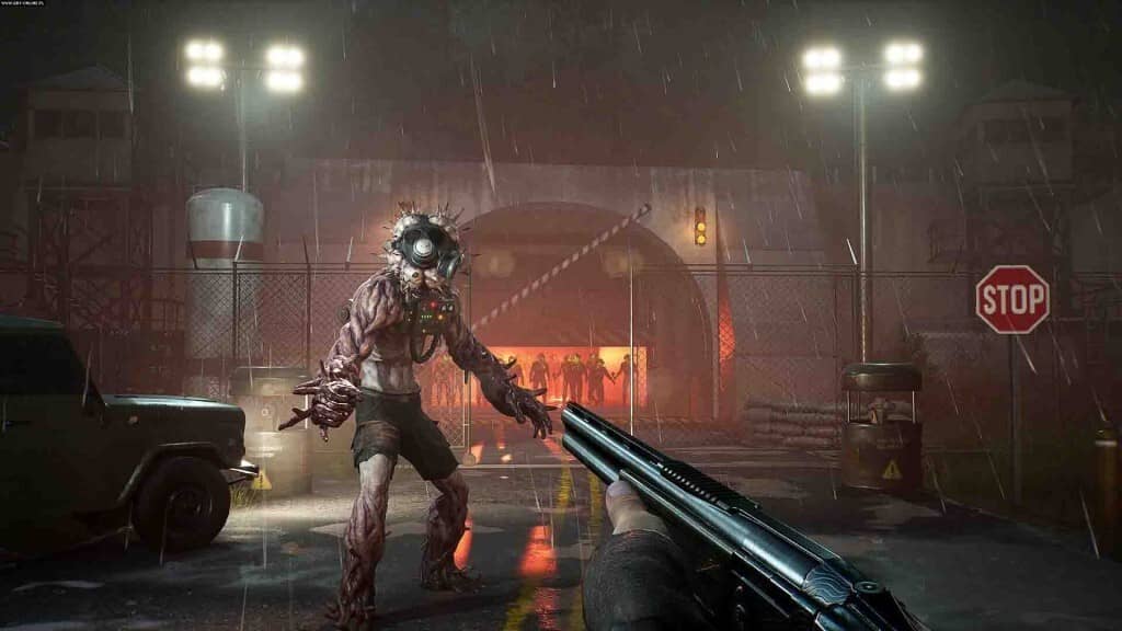 Quái vật zombie đột biến đeo mặt nạ ga trong game sinh tồn Outbreak Island dưới mưa