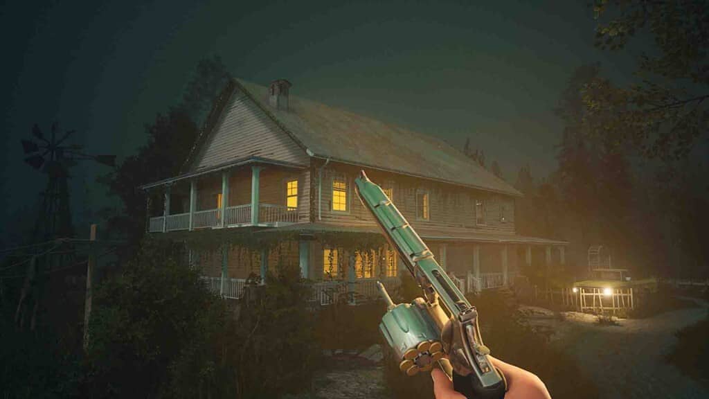 Gameplay Outbreak Island góc nhìn thứ nhất cầm súng lục trước ngôi nhà gỗ nông thôn ban đêm