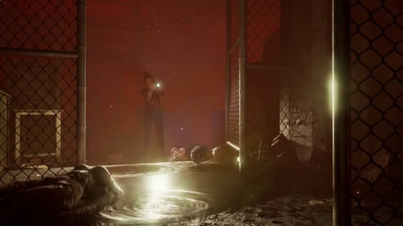 Nhân vật khám phá khu vực đổ máu bằng đèn pin trong Outbreak Shades of Horror