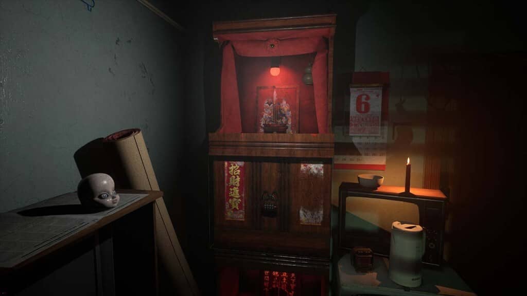 Chi tiết bàn thờ và đầu búp bê trong game kinh dị Paranormal HK Bàn thờ thờ cúng và đầu búp bê đáng sợ trong gameplay Paranormal HK