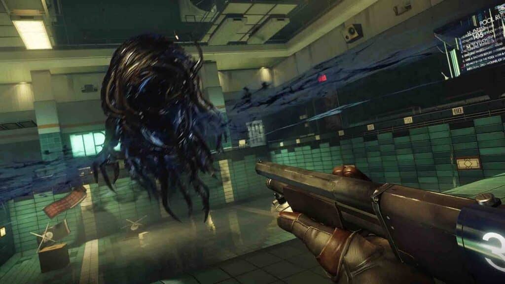Prey (2017) Chiến đấu với quái vật Typhon Phantom trong phòng thí nghiệm Gameplay Prey (2017) bắn súng đối diện quái vật Phantom đen bí ẩn