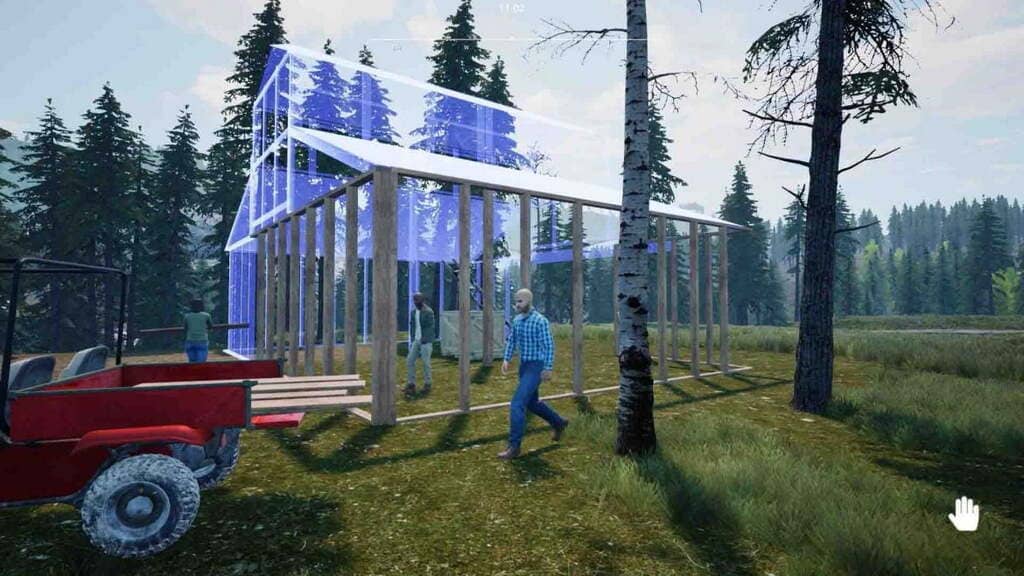 Cơ chế xây dựng nhà kho và chuồng trại trong game Ranch Simulator với bản vẽ thiết kế chi tiết.