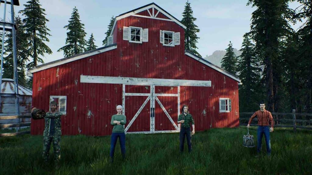 Chế độ chơi Co-op Multiplayer trong Ranch Simulator: 4 người chơi đứng trước nhà kho màu đỏ đã hoàn thiện.