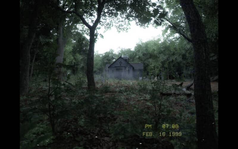 Cảnh ngôi nhà bỏ hoang u ám ẩn sâu trong rừng rậm sương mù trong game kinh dị Silent Breath