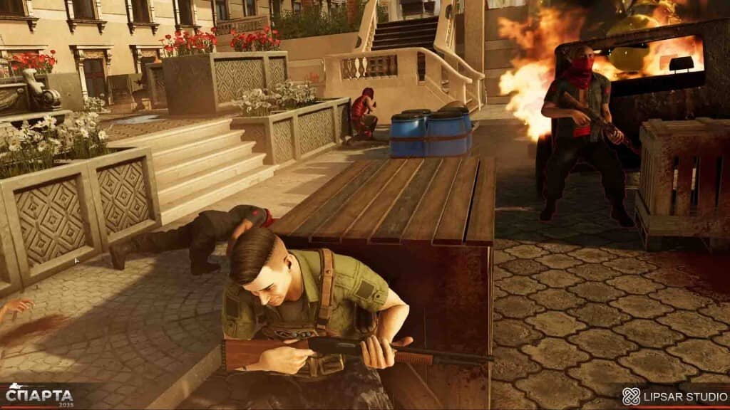 Che chắn và phản công trên đường phố đổ nát của SPARTA 2035 Gameplay SPARTA 2035 - Nhân vật nấp bắn súng trong bối cảnh đường phố cháy