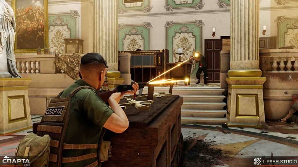 Bắn nhau kịch tính trong sảnh biệt thự game SPARTA 2035 Gameplay SPARTA 2035 - Đấu súng căng thẳng trong sảnh cung điện