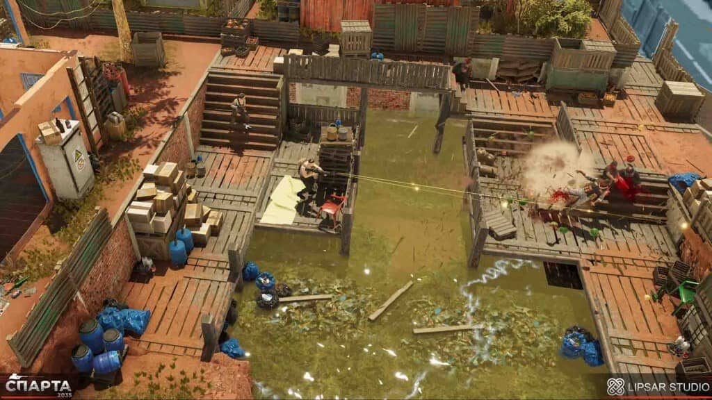 Lối chơi chiến thuật Top-down của SPARTA 2035 tại khu vực tàn tích Gameplay góc nhìn từ trên xuống SPARTA 2035 - Chiến đấu ở khu ổ chuột ngập nước