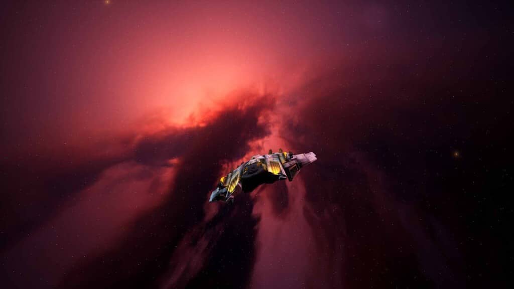 SpaceBourne 2 gameplay tàu vũ trụ bay qua tinh vân đỏ rực rỡ