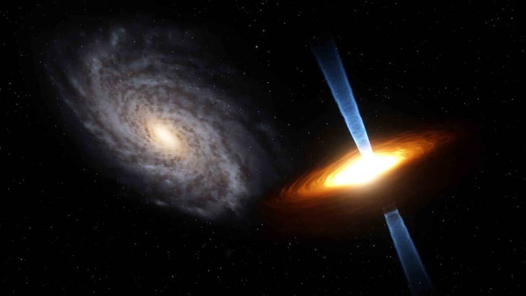 Hố Đen Phát Quang (Quasar) và Thiên Hà Xoắn Ốc trong SpaceEngine Mô phỏng Thiên hà xoắn ốc và Hố đen phát quang với luồng phản lực (jet) trong SpaceEngine.