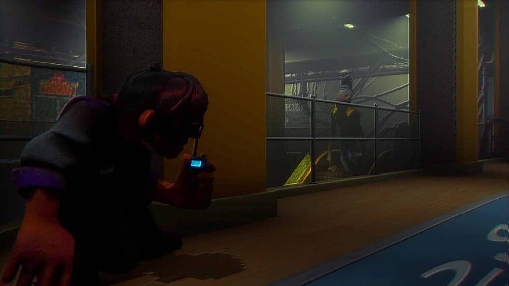 Storebound: Cảnh nhân vật đang lén lút, rình rập kẻ thù storebound nhân vật đang rón rén cầm bộ đàm theo dõi kẻ thù