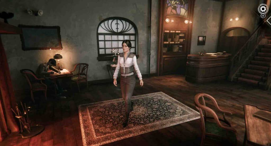 Gameplay Syberia Remastered: Sảnh khách sạn Valadilene. Nhân vật Kate Walker trong sảnh khách sạn tại Valadilene - gameplay Syberia Remastered.