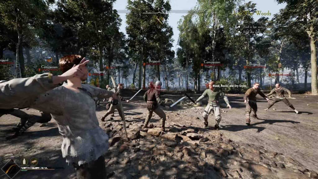 Trận chiến sinh tồn chống lại Brigand và đồng bọn trong rừng rậm Tales of Old Dominus trận chiến cận chiến giữa nhân vật chính và nhóm Brigand trong rừng
