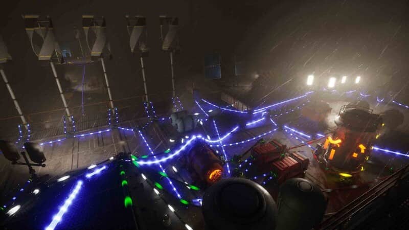 Khám phá khu vực nhà máy phức tạp trong The Last Caretaker. Cảnh trong nhà máy với các đường dây điện phát sáng xanh dương trong The Last Caretaker.