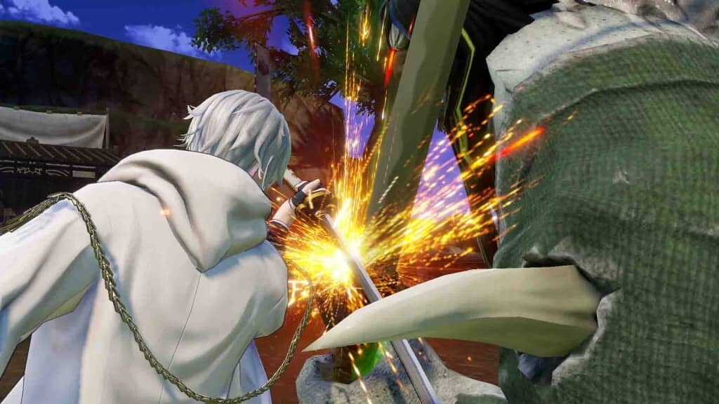 Pha chạm kiếm kịch tính trong Touken Ranbu Warriors Touken Ranbu Warriors cảnh cận chiến giữa nhân vật Hắc Tiên nhân và kẻ thù tạo tia lửa