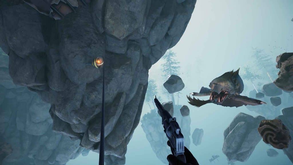 Người chơi dùng súng chống lại quái vật bay trong môi trường đá và sương mù game Voidtrain