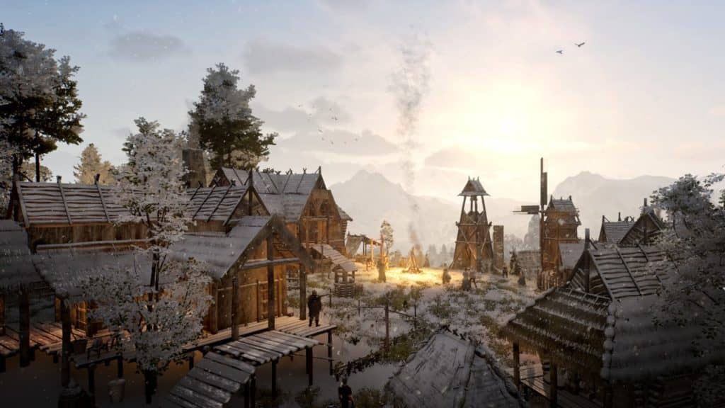 Làng Bellwright phủ tuyết với kiến trúc nhà gỗ và tháp canh