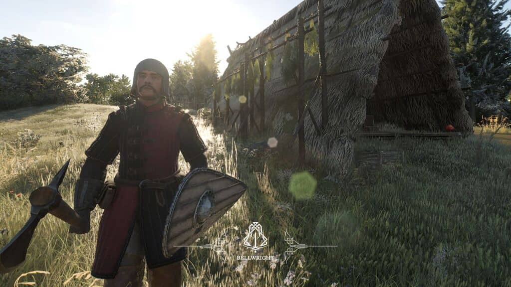 Người chơi Bellwright cầm khiên và rìu trước công trình nhà tranh