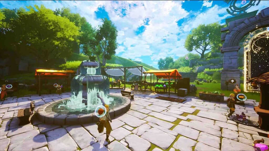 Cloudheim Game Đài phun nước và Chợ Khu chợ Cloudheim với đài phun nước trung tâm tươi sáng.