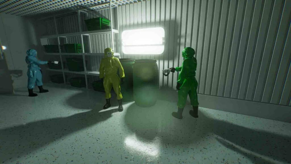 Gameplay Exit Together giải đố kho chứa Ba người mặc đồ bảo hộ đa sắc trong kho game Exit Together