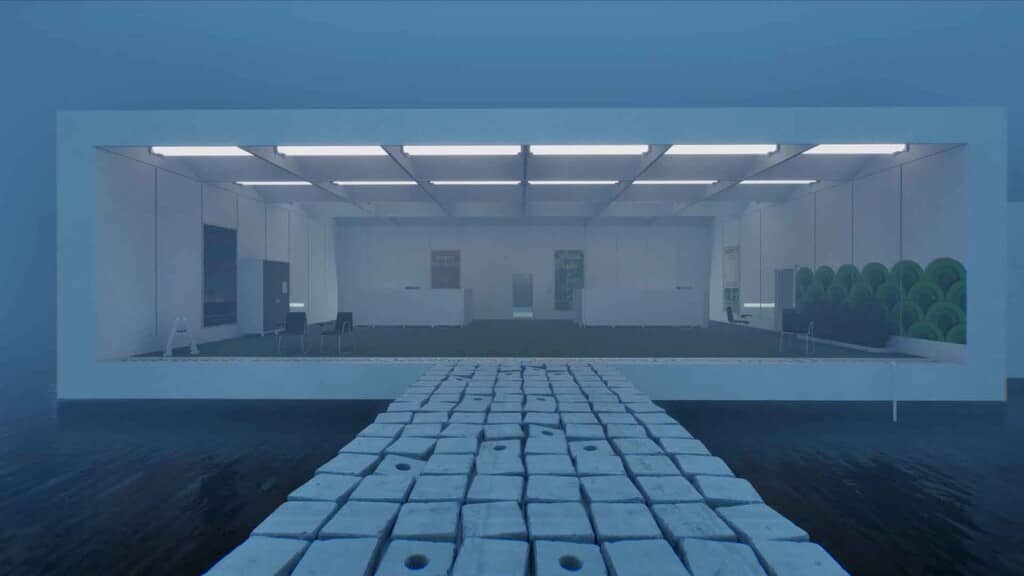 Khu vực sảnh và lối vào trung tâm Exit Together Lối đi bằng khối bê tông dẫn tới hành lang trắng sáng game Exit Together