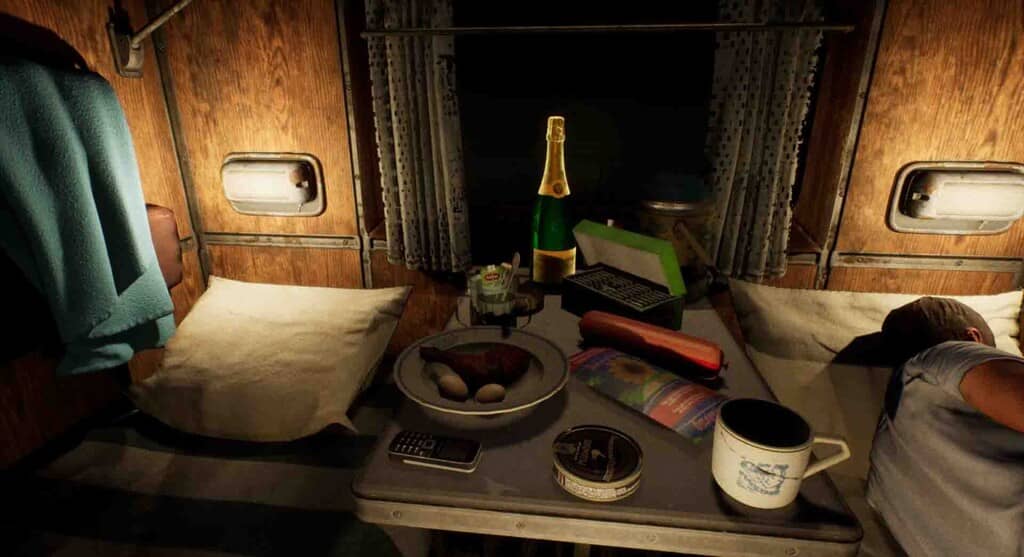 Express No 6 - Nội thất toa tàu Bàn ăn đầy đủ vật dụng và hành khách đang ngủ trong Express No 6