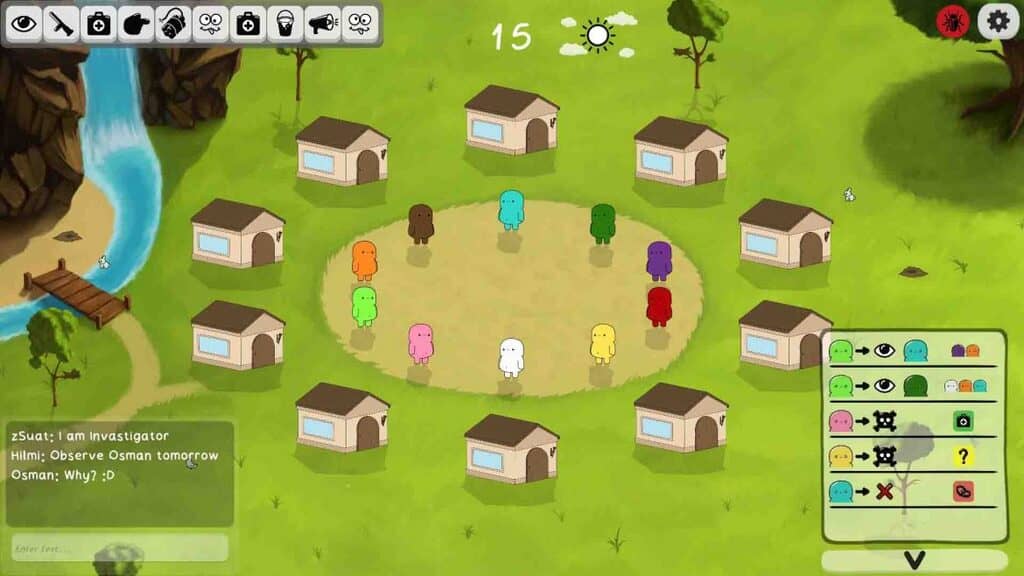 Bảng manh mối và khung chat game Feign Giao diện thảo luận và bảng lịch sử hành động game Feign