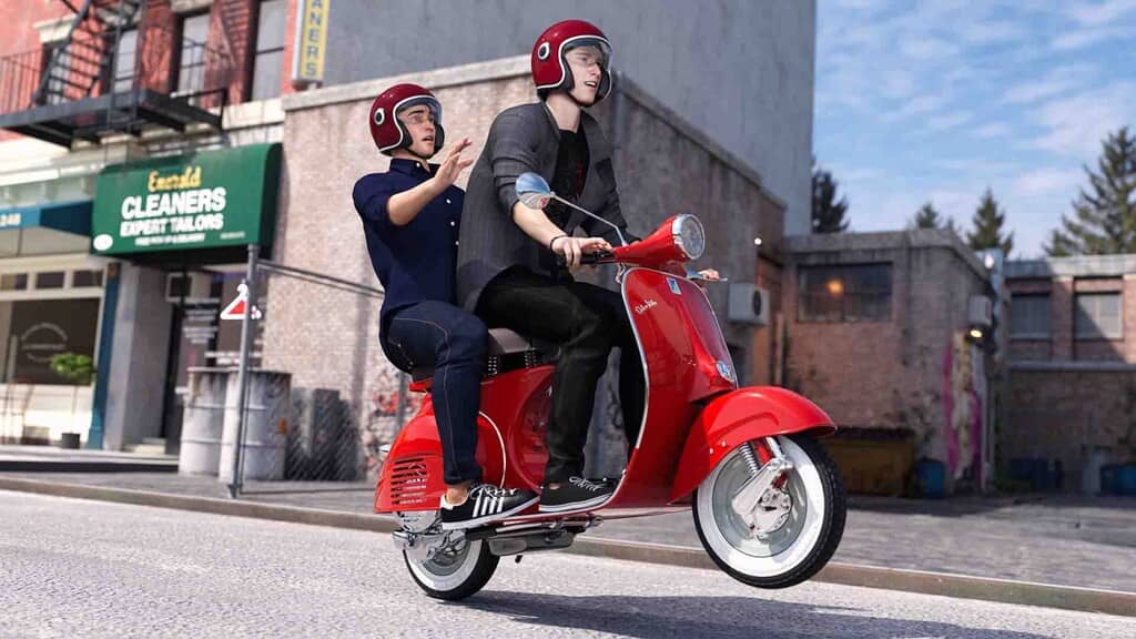 FreshWomen cảnh hai nam sinh đi xe máy FreshWomen gameplay hai chàng trai đi xe Vespa đỏ trên phố