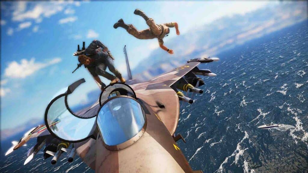 Rico Rodriguez đứng trên máy bay chiến đấu Just Cause 3
