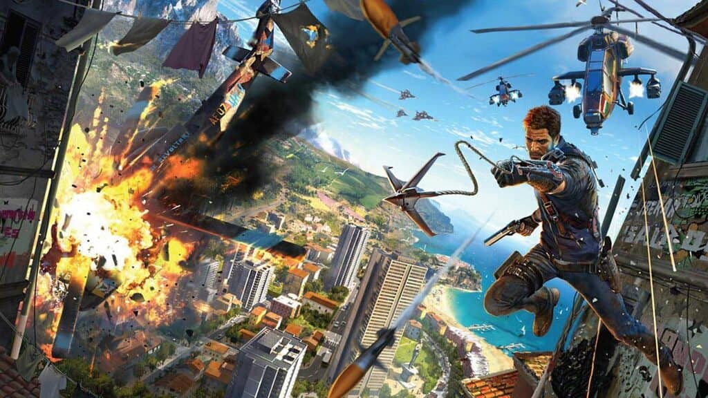 Rico Rodriguez sử dụng móc kéo trong Just Cause 3