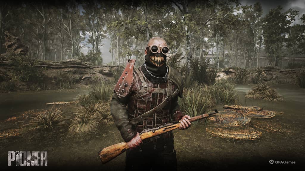 Nhân vật game PIONER đeo mặt nạ răng quỷ và súng trường