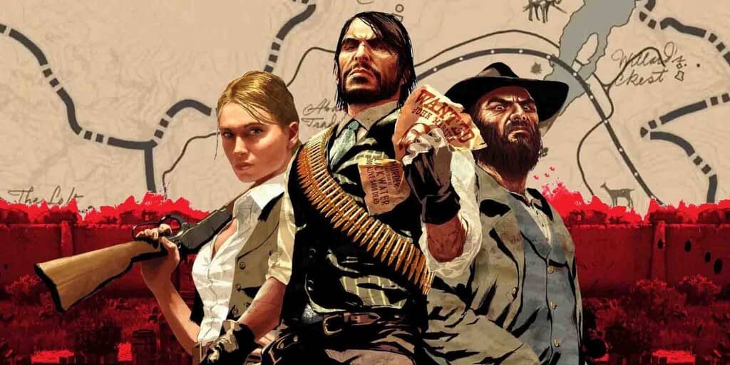 Bộ ba nhân vật chính của Red Dead Redemption 1 Ảnh nghệ thuật John Marston, Bonnie MacFarlane và Bill Williamson RDR1