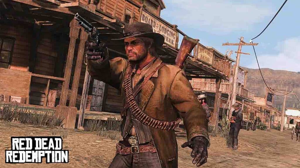 Ảnh John Marston hành động Red Dead Redemption 1 John Marston giơ súng, cảnh thị trấn Red Dead Redemption 1