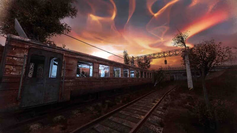 Hình ảnh toa tàu cũ trên đường ray cảnh hoàng hôn S.T.A.L.K.E.R. S.T.A.L.K.E.R. GAMMA toa tàu cũ kỹ đường ray hoàng hôn dị tượng