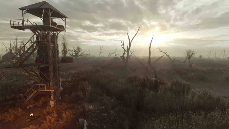 Hình ảnh tháp canh giữa đầm lầy mod S.T.A.L.K.E.R. GAMMA S.T.A.L.K.E.R. GAMMA tháp canh đầm lầy cây khô sương mù