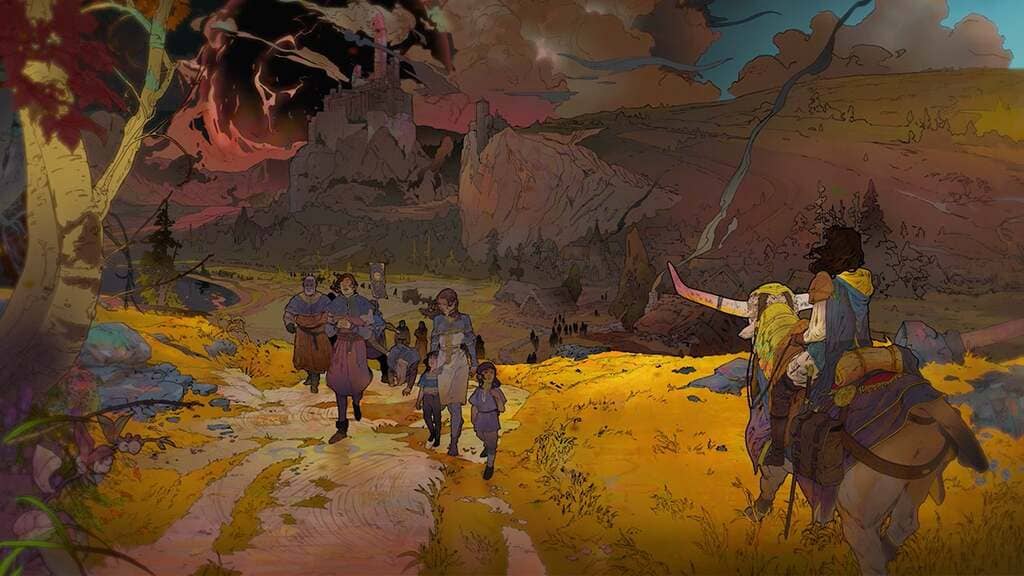 Concept art game Songs of Silence cảnh người dân di cư và lâu đài hùng vĩ