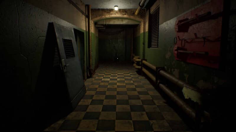 Gameplay THE SILENT BUNKER SCREAMING ECHOES: Hành lang dài rùng rợn với sàn gạch ca rô. Hành lang hầm tối trong THE SILENT BUNKER SCREAMING ECHOES, sàn ca rô.