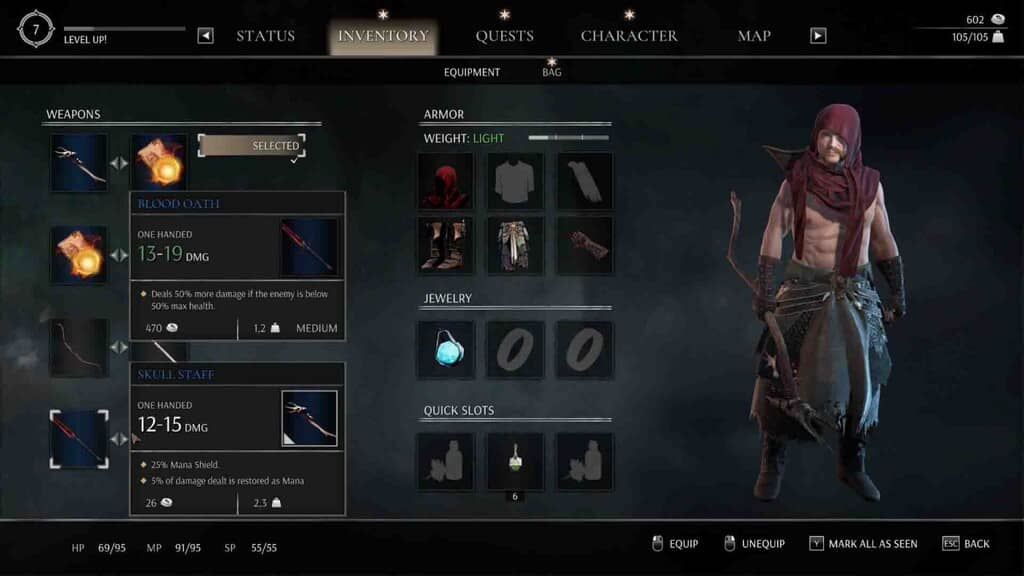 Giao diện túi đồ Inventory và hệ thống trang bị vũ khí trong Tainted Grail The Fall of Avalon.