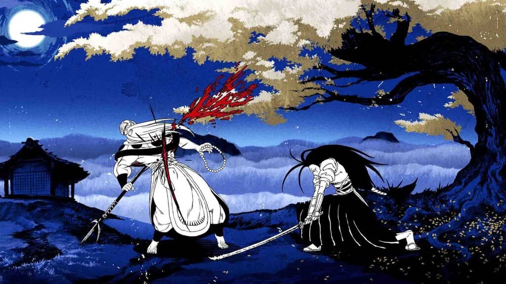 Two Strikes cảnh kết thúc hạ gục đối thủ trang phục trắng bằng kiếm katana