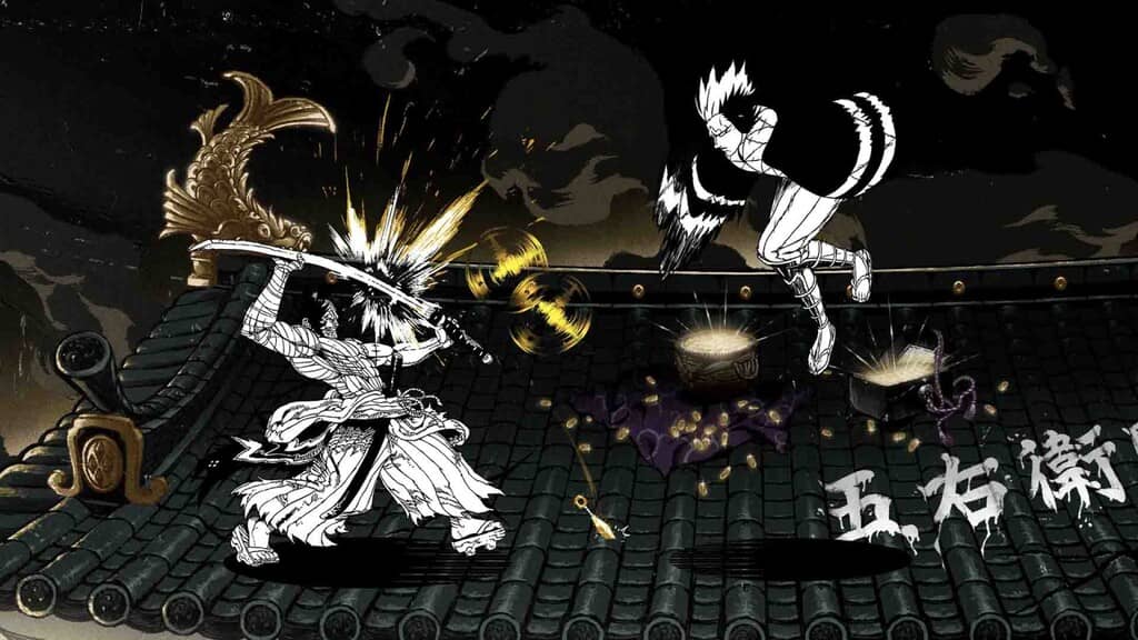 Two Strikes giao chiến trên mái nhà nhân vật dùng kiếm lớn và đối thủ linh hoạt