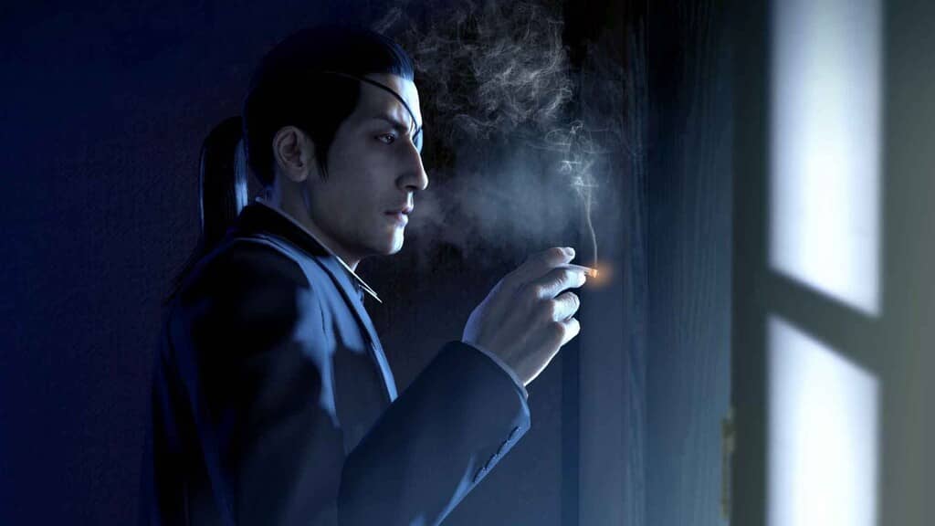 Goro Majima Yakuza 0 mood shot Goro Majima hút thuốc Yakuza 0 Directors Cut gameplay