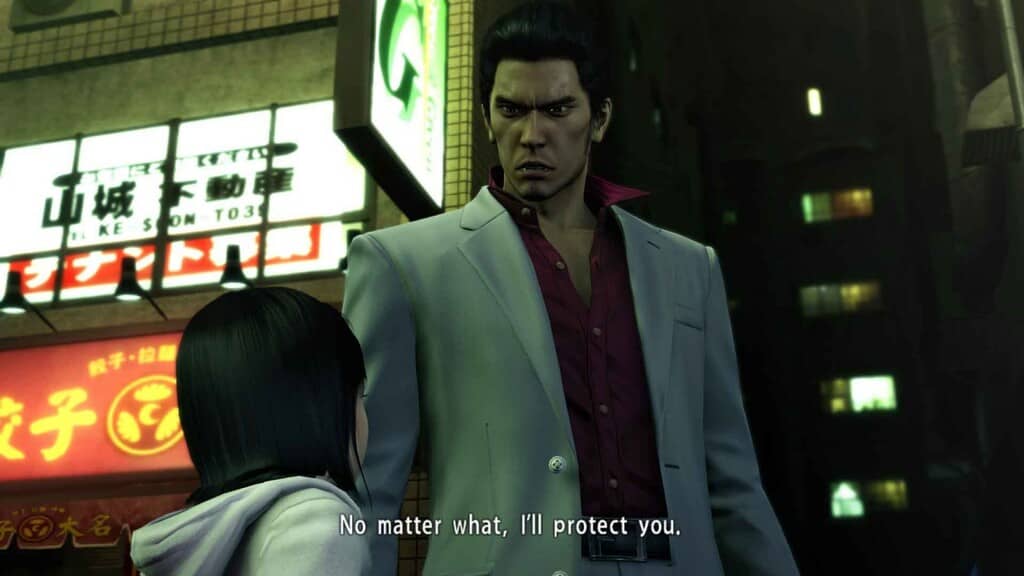 Yakuza-Kiwami-Kiryu-Haruka-cảnh-bảo-vệ Yakuza Kiwami cảnh cắt Kiryu bảo vệ Haruka đêm ở Kamurocho