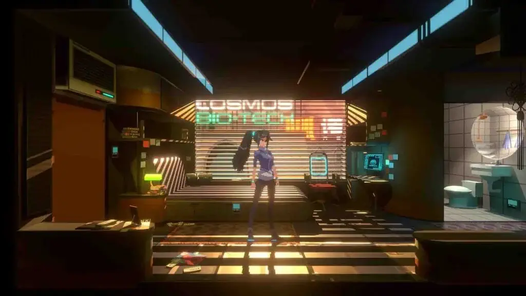 Nhân vật chính Ann Flores trong căn hộ bối cảnh cyberpunk game ANNO Mutationem